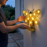 Metal Bee-Shaped Outdoor Wall Light Decorative Iron-Style Frame Solar Bee Wall Light Yellow Yard Decor No Wire Needed for Garden, Courtyard, Exterior Walls