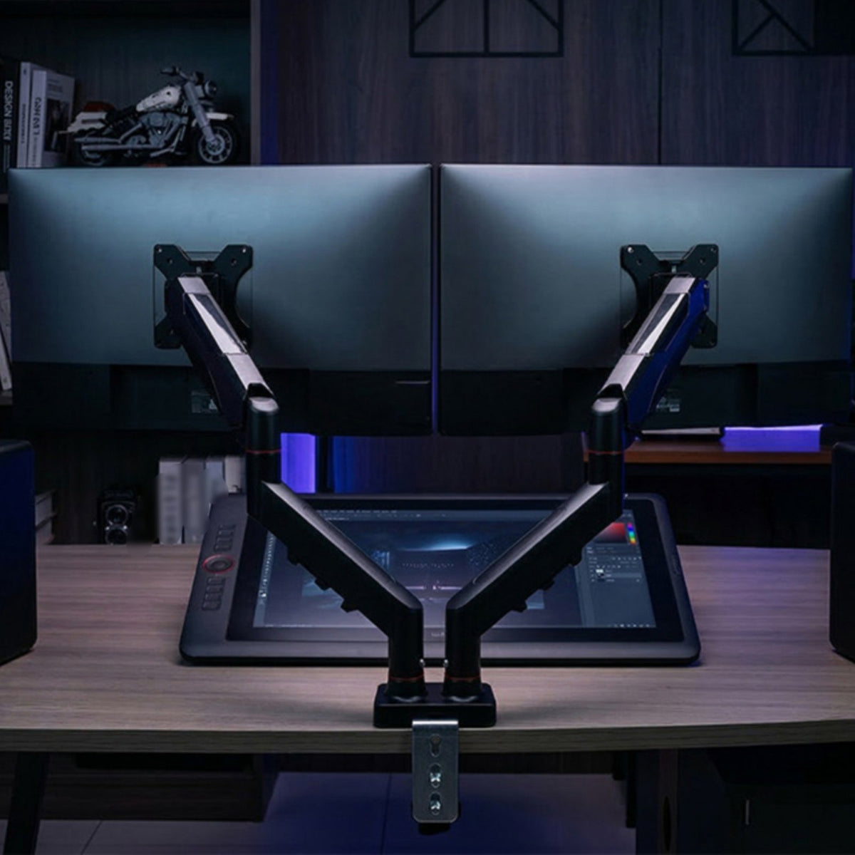 No-Drill Installation Adjustable Twin Monitor Arm Rotatable Twin Monitor Arm Ergonomic Design Double Screen Desk Mount Space Saving for Professionals, Gamers, Home Office, Gaming Setup