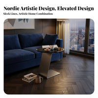Minimalist Design C-Shaped Glass Surface Stand Slides Under Sofa C-Shaped Glass Table Space-Saving Living Room Furniture Easy to Clean for Interior Designers, Apartment Dwellers, Small Areas, Bedroom, Entryway, Reading Nook