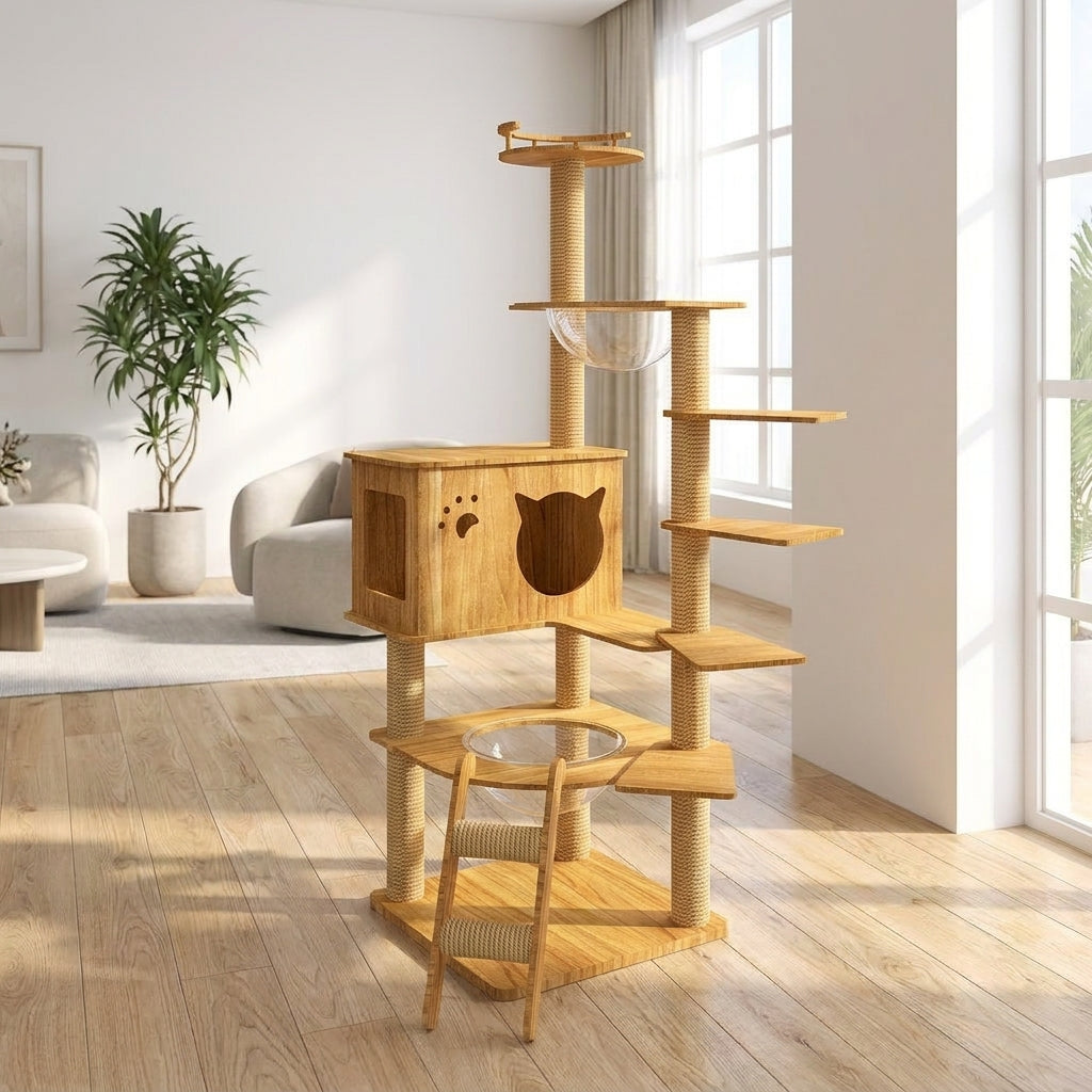 Cat Climbing Frame Activity Center and Playground with Perch, Wood Grain Finish Density Board Round Base Hammock for Large Indoor Cats Paradise