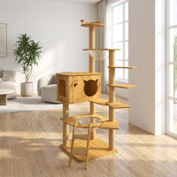 Cat Climbing Frame Activity Center and Playground with Perch, Wood Grain Finish Density Board Round Base Hammock for Large Indoor Cats Paradise