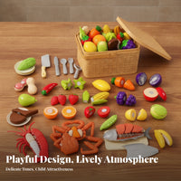 Fruit Vegetable Seafood Playset Lidded Cut-Apart Toy Food Basket Set Cuttable Play Food Set Rectangular Bright Colors