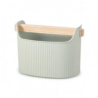 Waste Bin with Wood Handle Ribbed Trash Can Compact for Bathroom Vanity