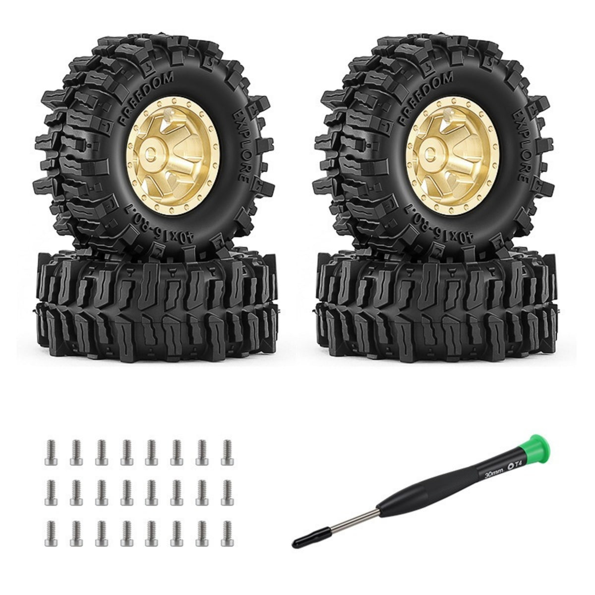 4 Pieces RC Crawler Wheel and Tire Set 1/30 Scale RC Crawler Tires with Brass Hubs Wheel and Tire Set All-Terrain Wheels Deep