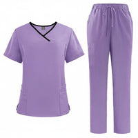 Multiple Pockets V-Neck Scrub Set Drawstring Waist Short Sleeve Nursing Attire Breathable Two-Piece Medical Workwear Soft Material for Dentists, Healthcare Workers, Veterinarians, Oral Health Office, Hospital, Medical Facility