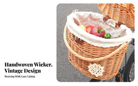 Natural Willow Material Wicker Front Cycle Basket Quick Release Detachable Vintage Bike Basket Removable Liner for Picnic