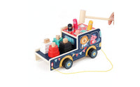 Pull-Along Wooden Toy Bus Multi-Functional Whack-Apeg Toy Developmental Pounding Bench with Mallet Educational for Toddlers, Babies, Playroom, Daycare