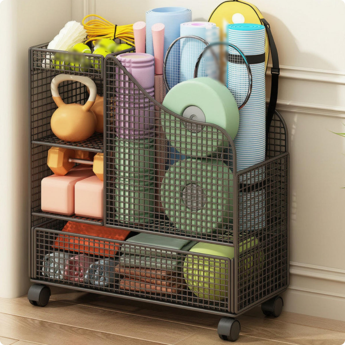 Wheeled Rolling Fitness Mat Carrier meshGrid Fitness Mat Carrier Three-Section Workout Equipment Organizer Caster Wheels