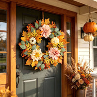 Artificial Wreath with Dahlias Realistic Fall Wreath with Pumpkins for Entryway
