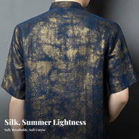 Xiangyunsha Silk Shirt, Gold Crack Pattern, Short Sleeve, Stand Collar, Men's Top