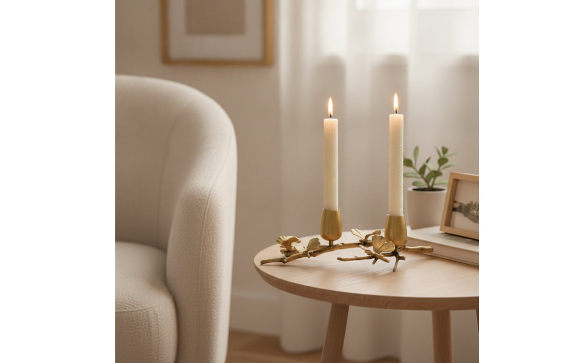 Candle Holder with Ginkgo Leaves Tapered Brass Candlestick Holder Elegant Decor for Brides, Wedding Tables, Romantic Dinners, Mantel