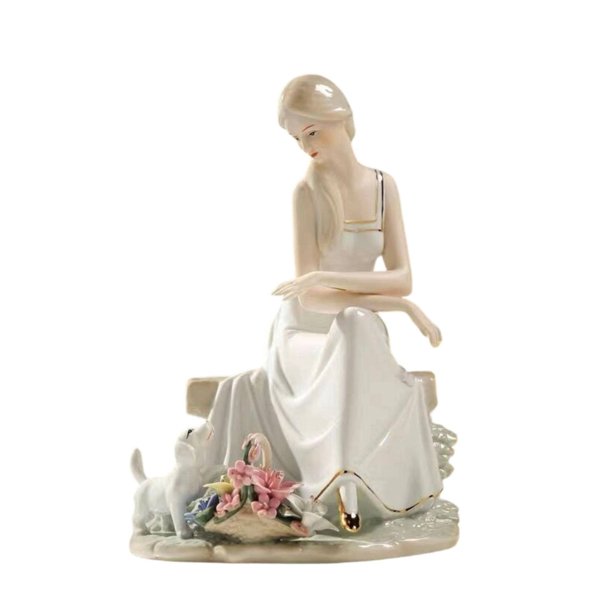 Sitting Woman and Dog Figurine Glossy Tabletop Ornament Decorative for TV Stand