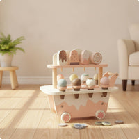 Ice Cream Cart with Make-Believe Snacks Wooden Ice Cream Cart with Handle Pastel Pretend Play Store for Young Children