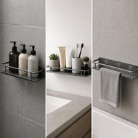 Wall-Mounted Bathroom Shelf with Hooks and Towel Bar, No-Drill Installation