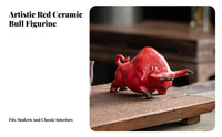 Fiery Ox Figurine Glossy Glaze Ceramic Bull Statue Handmade Craft Ceramic Ox Statue for Business Owners, Gift Donors, Living Room, Bookshelf, Entryway
