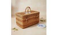 Handwoven Storage Chest with Handles Vintage Style Lidded Rattan Storage Case Porcelain Tile Accent for Bedroom