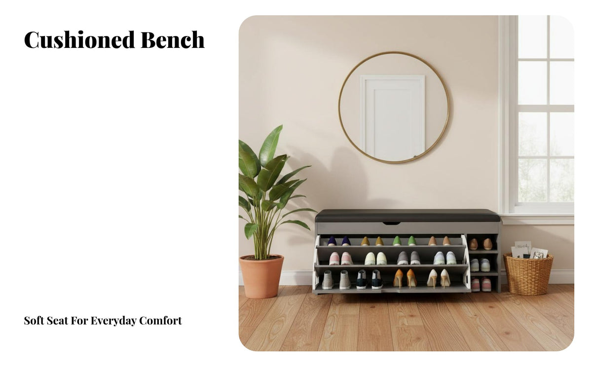 Space-Saving Design Entryway Cabinet with Padded Seat Sturdy Build Cushioned Shoe Storage Bench Minimalist Design Household Furniture Easy Assembly for Apartment Dwellers, Homeowners, Families, Hallway, Mudroom, Living Room, Bedroom