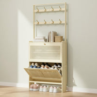 Space-Saving Freestanding Entryway Rack Large Capacity Tip-out Shoe Cabinet Modern Design Slim Shoe Cabinet Coat Rack Breathable Design for Renters, Hallway