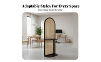 Retro Design Rattan Divider with Shelves Multi-Functional Arched Rattan Screen with Shelves Freestanding Storage Shelf Exposed Shelving for Apartment Dwellers, Interior Designers, Telecommute Workers, Entryway, Bedroom