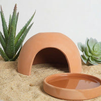 Ceramic Reptile Hide with Reptile Water Bowl, Moisture Retaining Hide for Molting, Clay Cave for Geckos, Reptile Species and Snakes
