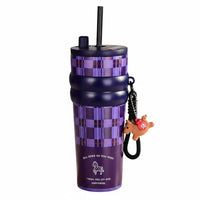 Portable Wrist Strap Large Capacity Insulated Cup Plaid Pattern Tumbler Drinkware for Office, School