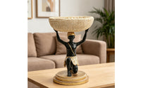 Woven-Look Basket Tray Figurine Gold-Toned Hand-Painted Resin Figurine Tabletop Home Decor Round Base