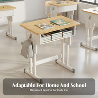 Safe & Long-Lasting Solid Wood Student Desk and Chair Rounded Corners Adjustable Kids Study Desk Set Easy to Assemble children's Height Adjustable Writing Table Space Saving for Students, Boys, Girls, Classroom, Homeschooling, Home, Bedroom