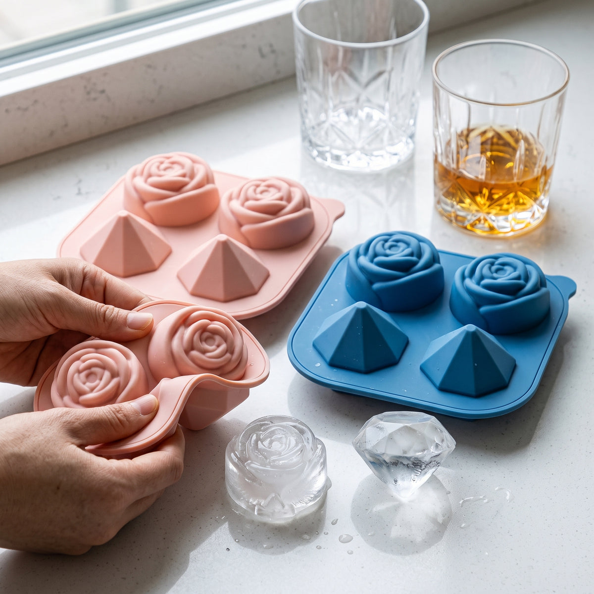 Diamond Rose Ice Ball Mold for Whiskey and Cocktails, 4-Cavity Silicone Ice Cube Tray for DIY Valentine's Day Drinks