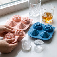 Diamond Rose Ice Ball Mold for Whiskey and Cocktails, 4-Cavity Silicone Ice Cube Tray for DIY Valentine's Day Drinks