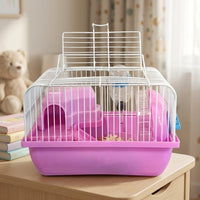 Hamster Cage Habitat Villa, Small Pet Enclosure with Wheel and Water Bottle, Square Shape Foldable Dwarf Hamster Kit Case