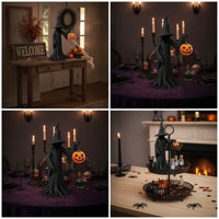 Witch Figurine with Pumpkin Spooky Hooded Witch Statue Gothic for Mantel