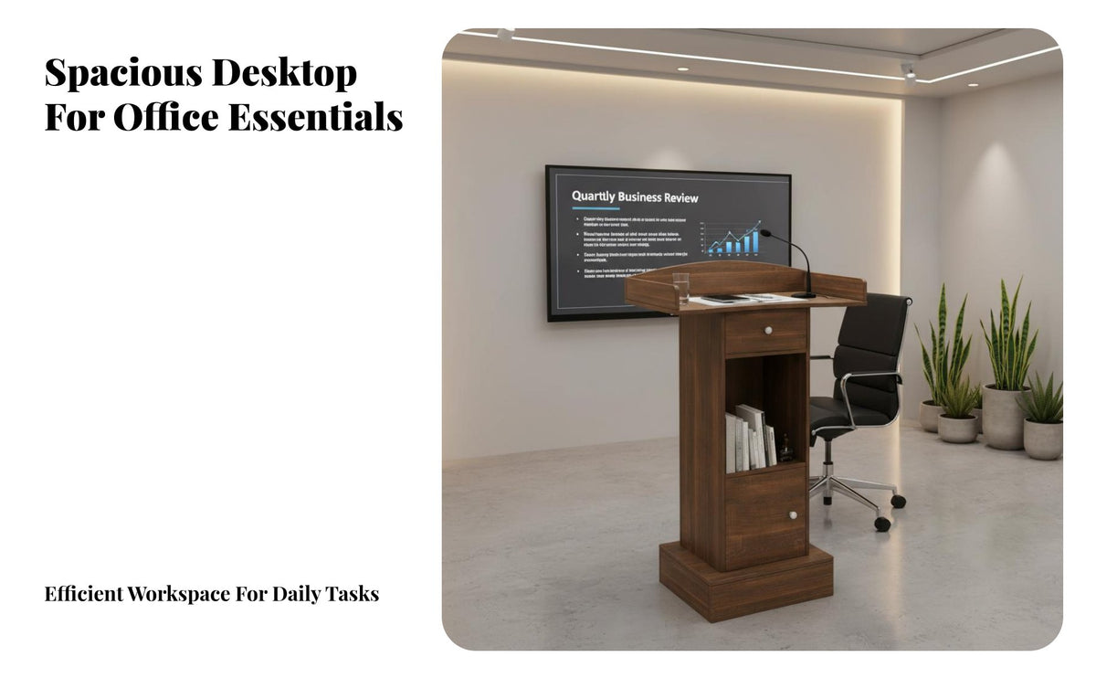 Stable Base Modern Presentation Podium Sturdy Structure Floor Standing Lectern Easy Assembly Standing Speech Desk Large Tabletop for Event Hosts, Receptionists, Conference Rooms, Lecture Halls, Auditoriums, Auditorium