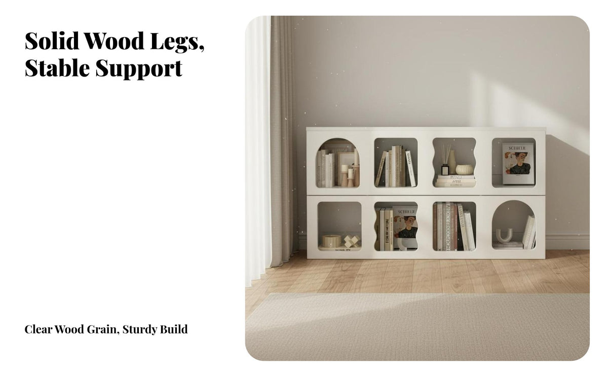 Solid Wood Legs Cream Design Low Cabinet Easy to Clean Underneath Modular Cubby Bookshelf Anti-Tip Safety Feature Freestanding Stackable Organizer for Living Room, Home Office, Bedroom, Entryway