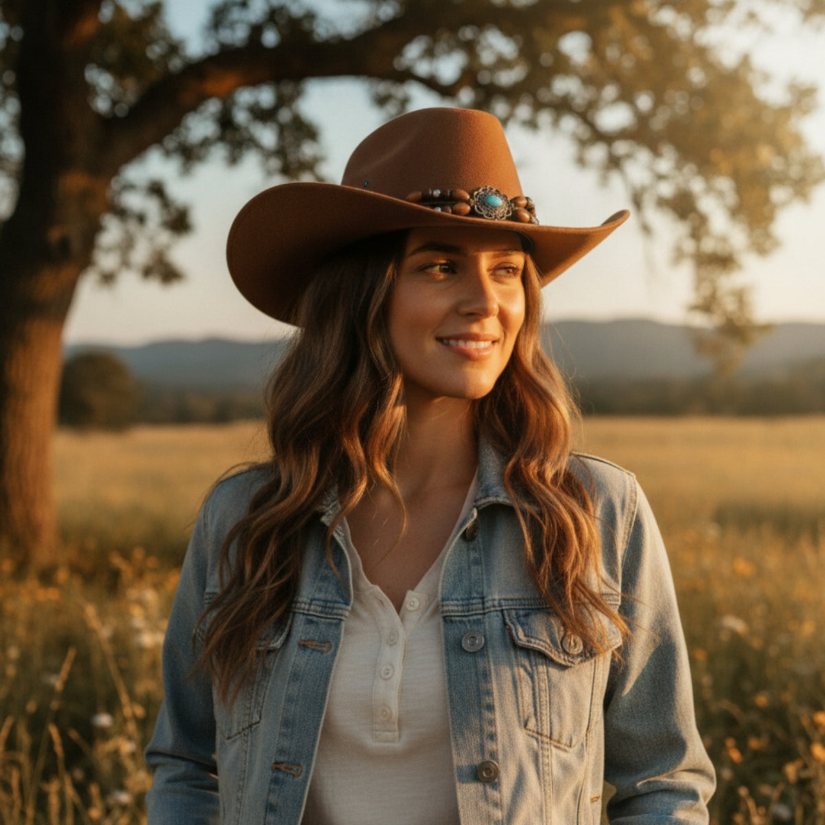 Cowboy Hat with Chin Cord Western Wide Brim Hat with Beaded Band Structured Chinstrap for Festival Goers, Wanderers, Outdoor Activities, Festivals
