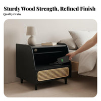 Nordic Design Woven Front End Table Multi-Functional accent Storage Table space-saving Size Nightstand artisanal for Interior Decorators, Homeowners, Apartment Dwellers, Bedroom, Living Room, Hallway, Entryway