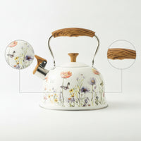 Floral Whistling Tea Kettle Wood-Grain Tea Kettle with Flip-up Spout Cottage-Style Fast-Boiling for Kitchen