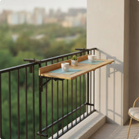 Foldable Balcony Bar Table Adjustable Railing-Mounted Table with Wood Tabletop Furniture Space-Saving Sturdy