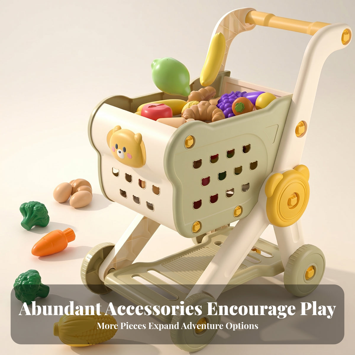 Animal Face Pretend Supermarket Cart Plastic Role-Play Shopping Cart Curved Handle for Children