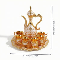Ornate Wine Serving Set with Tray Gold-Toned Ewer and Cup Set Embossed Wine Goblets Vintage Style for Hosts, Collectors, Weddings, Home Bar, Dining Room, Housewarming