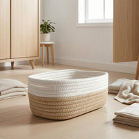 Two-Tone Woven Cotton Rope Basket Rounded Corners Cotton Rope Basket Soft Open-Top Organizer Bin Decorative
