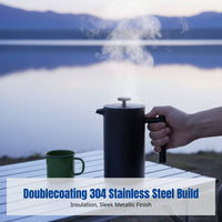 French Press Coffee Maker, Outdoor Camping, Double Wall 304 Stainless Steel, Black, Manual Brew Pot