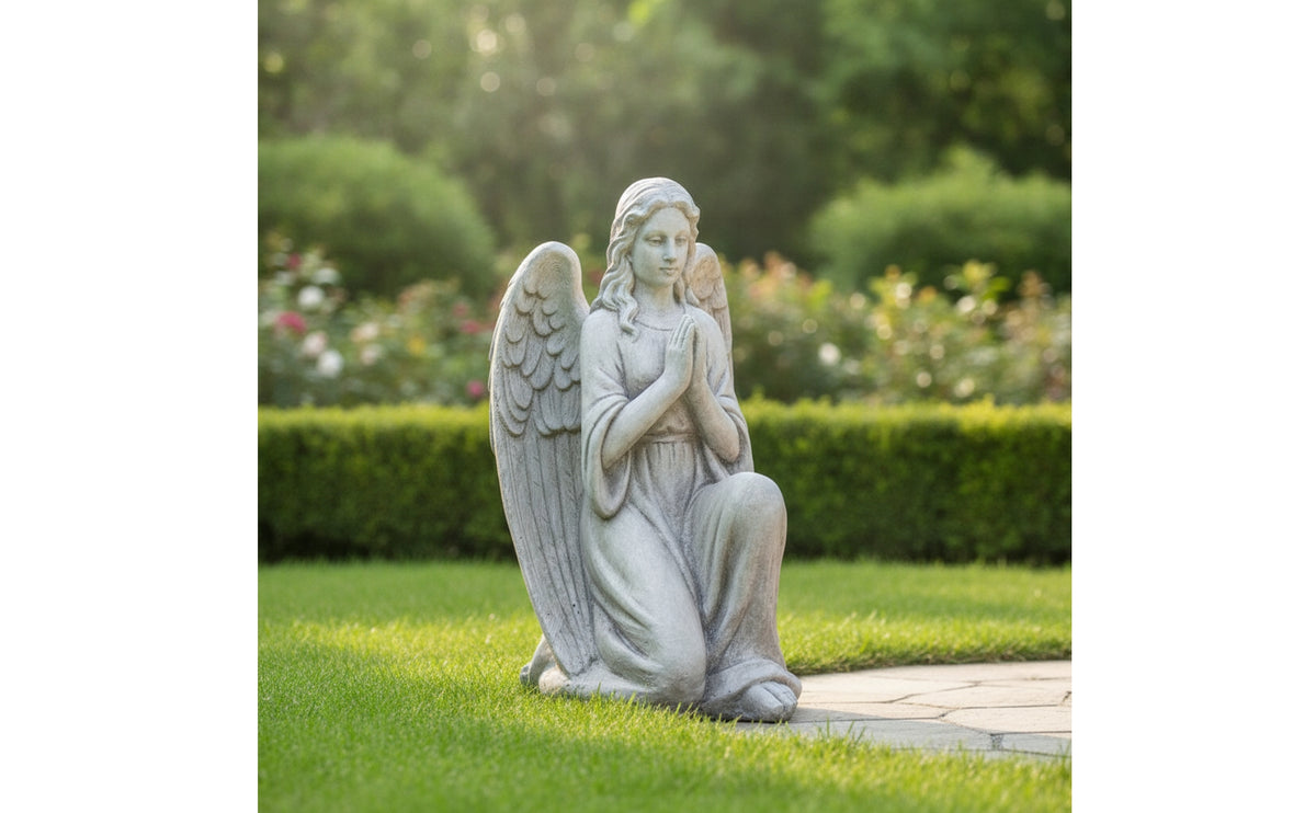 Kneeling Angel Statue Stone-Look Angel Statue with Feathered Appendages Weathered Sculpture for Patio, Grave, Entryway