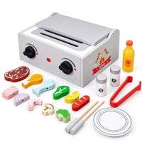 Table-Top Wooden Toy Barbecue Preschool Toy Grill with Play Food Learning Kitchen Accessory Open-Ended for Toddlers