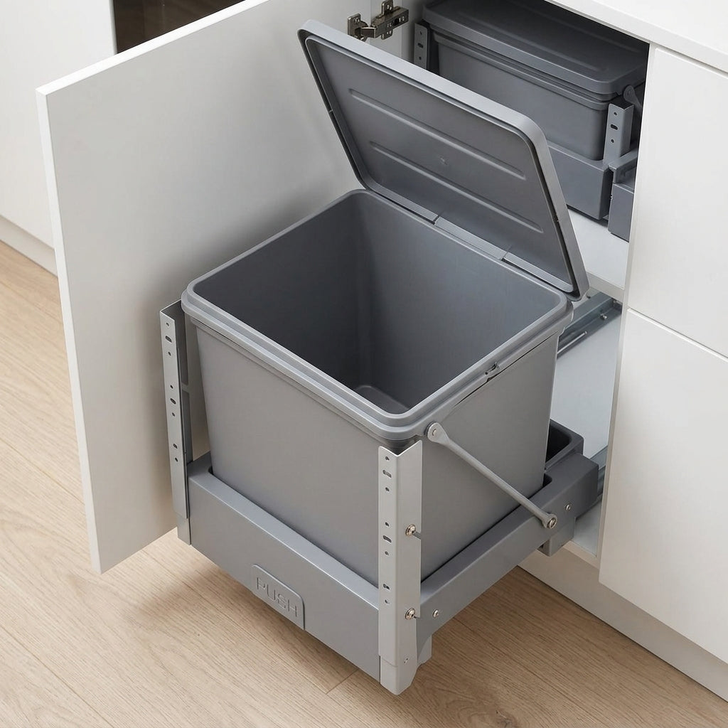 Trash Bin, Sorting Kitchen Trash Bin, Drawer Type, Pedal Operated, Matte Gray, Plastic, With Lid, Hygienic Under-Sink Storage