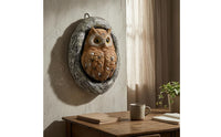 Feather-Textured Owl Wall Hanging Bark-Like Frame Resin Owl Ornament 3D Carved Details for Garden, Courtyard