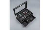 Carbon-Fiber-Pattern Double-Layer Watch Box Scratch-Resistant Watch Organizer with Drawer Dustproof Jewelry Organizer with Glass Lid Padded for Collectors, Dresser, Vanity, Retail Shelf