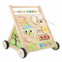 Anti-Rollover Design Multifunctional Learning Stroller Hand-Eye Coordination Wooden Activity Stroller Fine Movement Skills Development Infant Toy Built-in Storage for Playroom