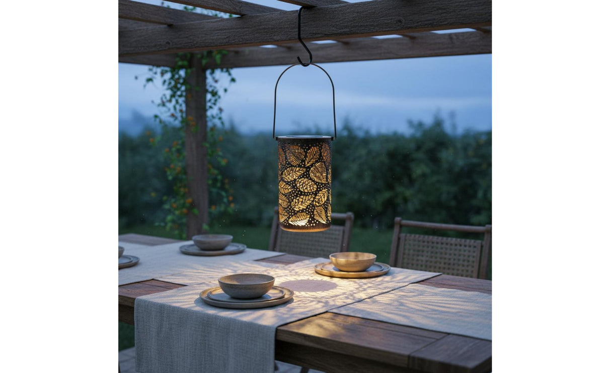 Waterproof Hollow Iron Lantern Romantic Ambiance Flower Pattern Lantern Automatic Dusk to Dawn Solar Hanging Light for Courtyard