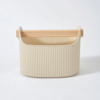 Waste Bin with Wood Handle Ribbed Trash Can Compact for Bathroom Vanity