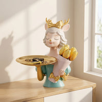 Decorative Deer Figurine with Tray Sculpted Deer Statue with Tray Attractive Tabletop Organizer Beautiful for Entryway, Dresser, Vanity